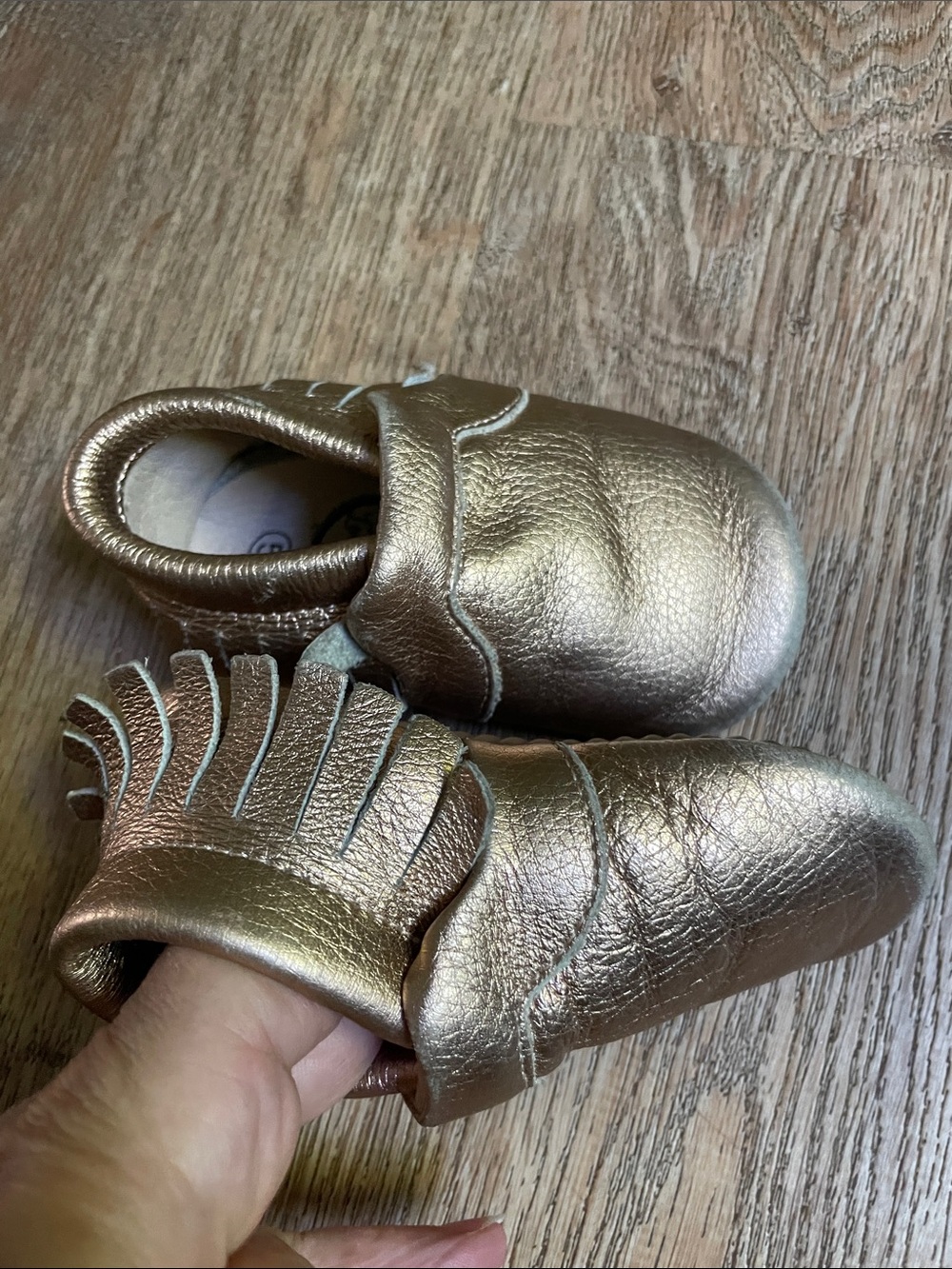 Baby Metallic Bronze Moccasin Slip-Ons with Fringe - Picture 3 of 6